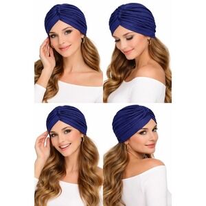 Navy Blue Pleated Turban‎ Hat Knotted Front Stretch Headwrap Fashion Boho J-01